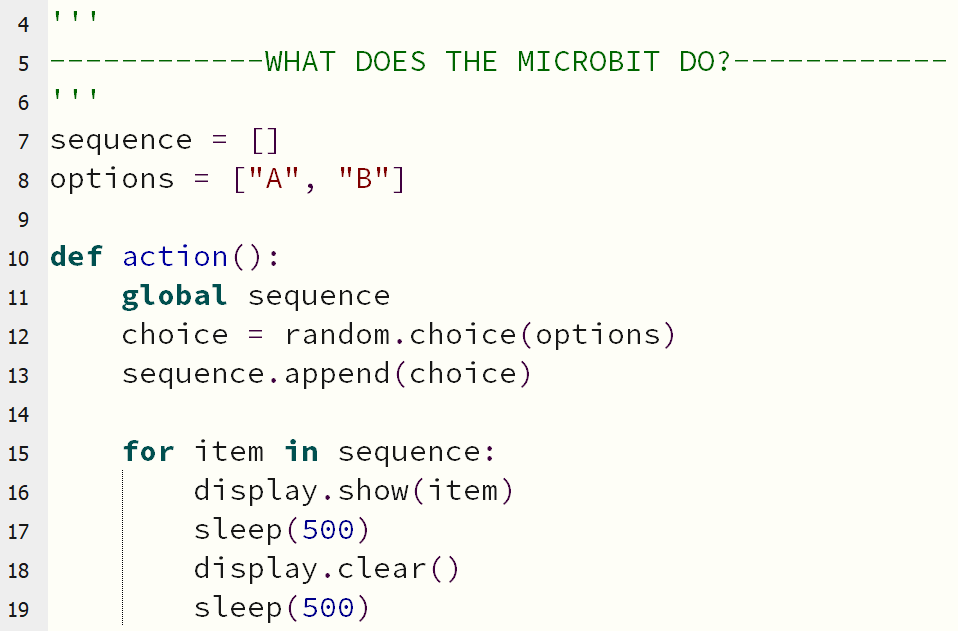 code section - what the micro:bit does